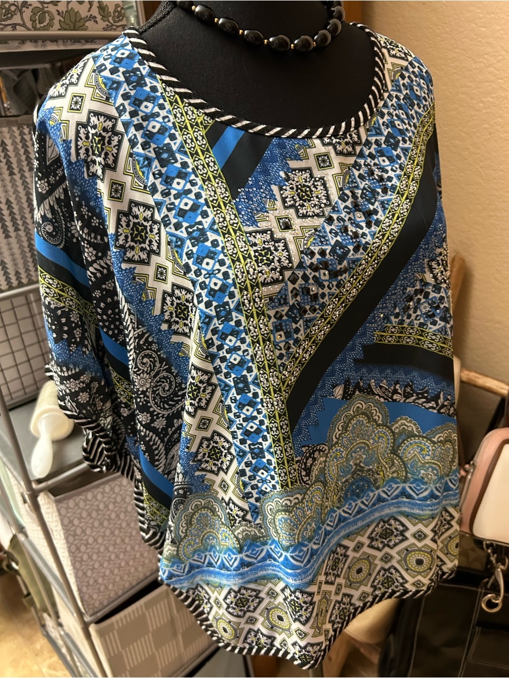 Frenchi Blue Patterned Tunic with Black and Green Accents